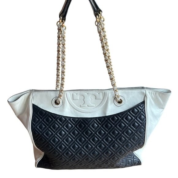 Tory Burch Quilted Fleming Tote black and white with gold chain - Picture 1 of 8
